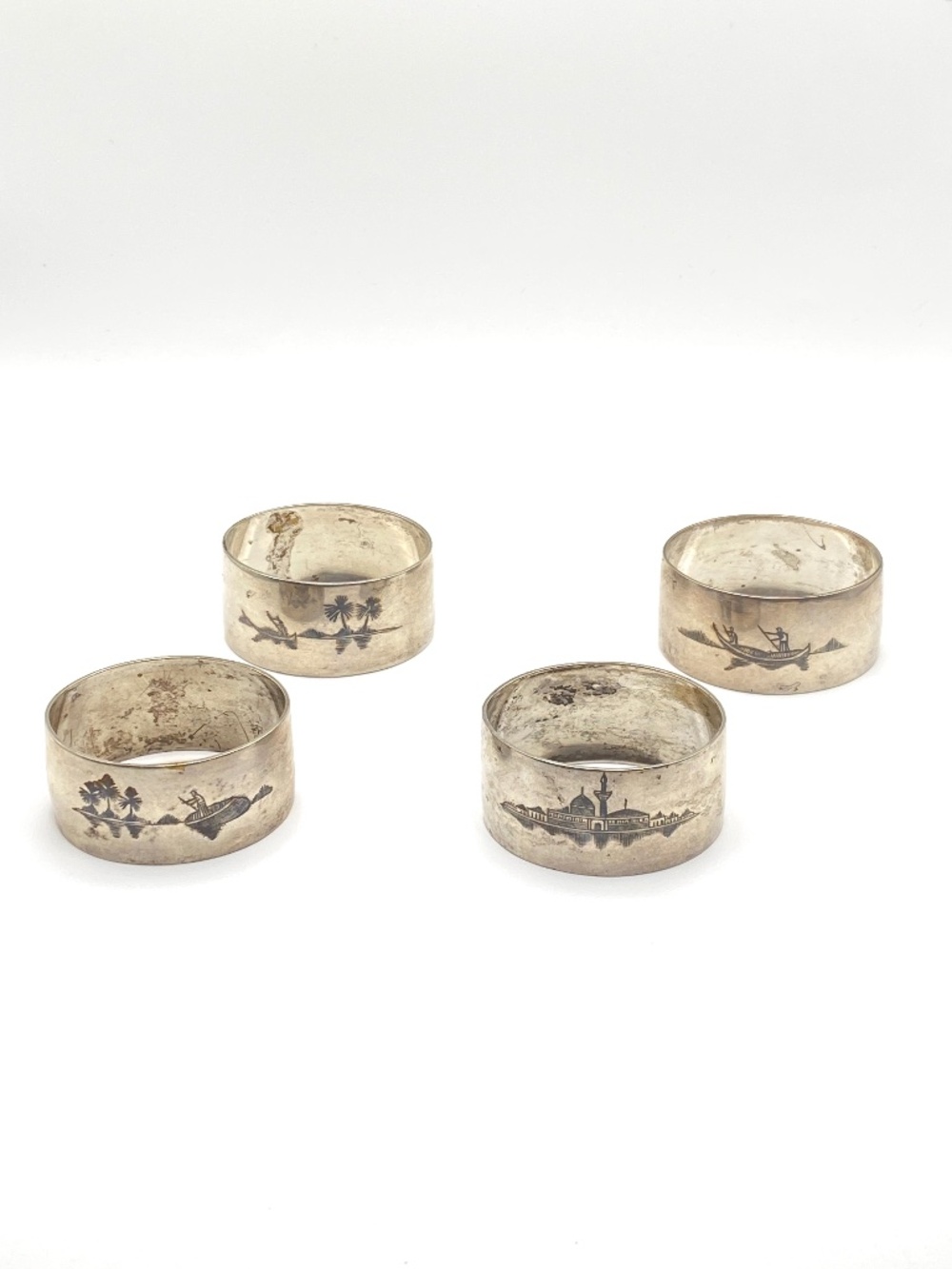 Vintage Iraqi Silver Niello Napkin Rings Set of 4 Double Scenic Middle Eastern